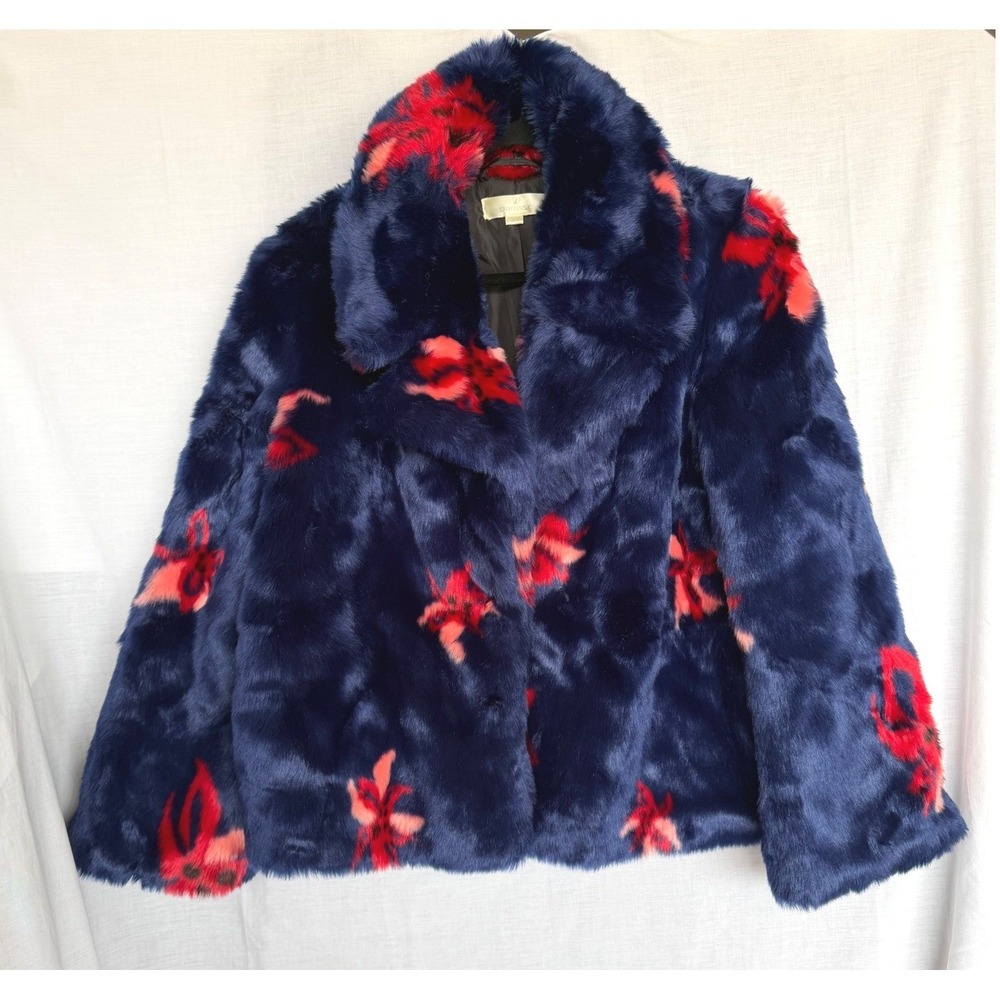 Pia Rossini Faux Fur Coat Navy Blue Red Floral Plush Snap Front Glam Women S/M